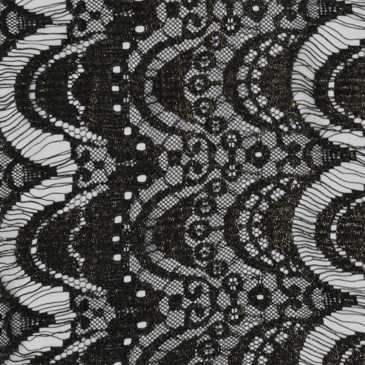 Onyx Black-Gold Printed Texture Fancy Scallop Lace Knit Fabric By the Yard